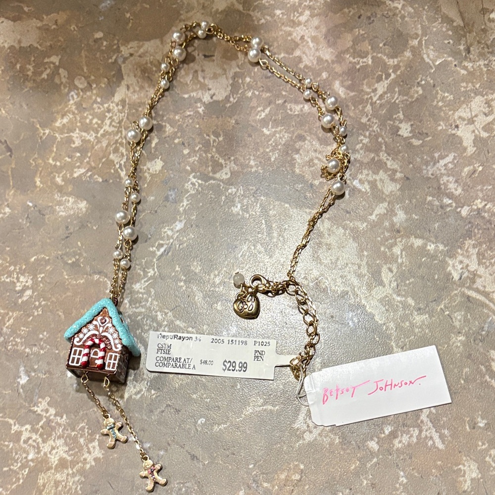Betsey Johnson Gold and Brown Gingerbread House Necklace